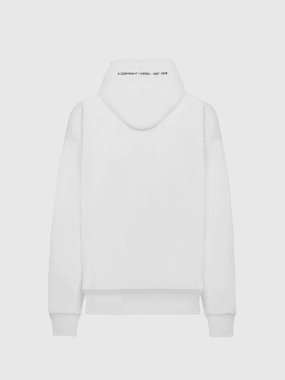 White hoodie pullover with hood and small back neck logo print