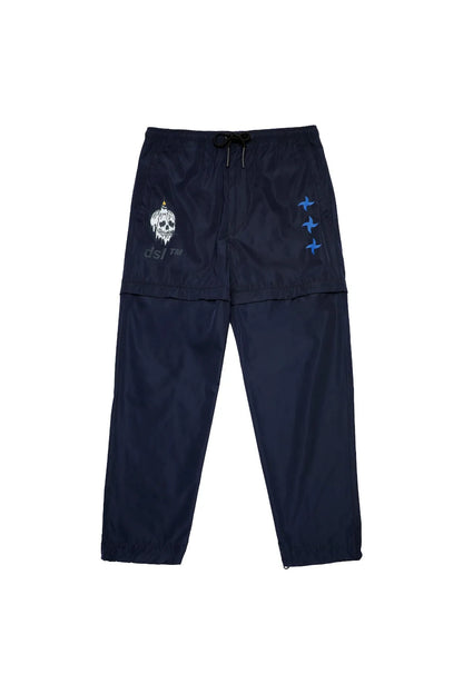 Navy drawstring cargo shorts with blue graphic stars and small logo