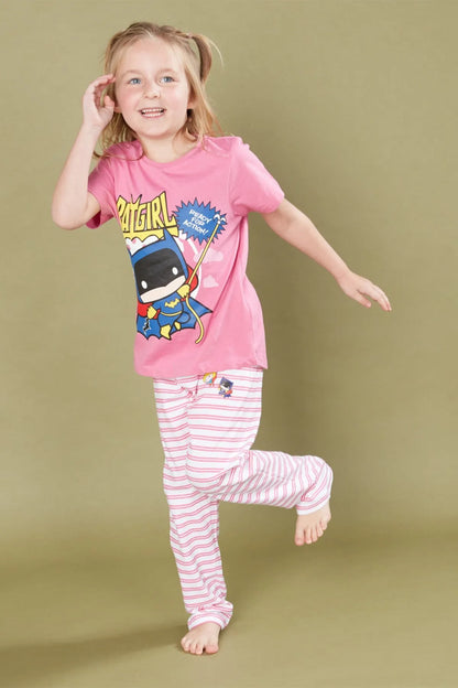Kids pink pajama set with graphic T-shirt and pink-and-white striped pajama pants