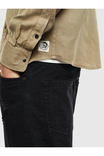 Men's beige button-up shirt sleeve cuff with logo patch and buttoned cuff