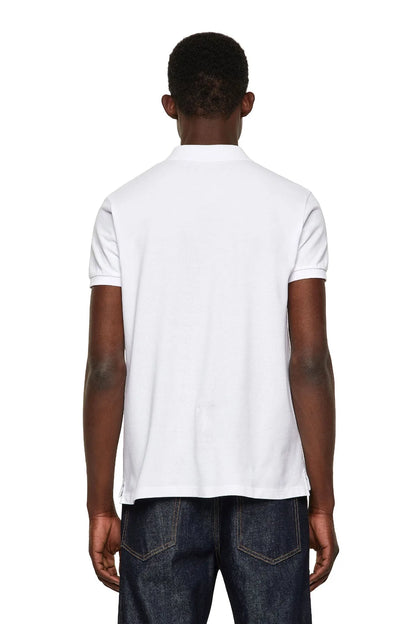 White polo shirt back view, short sleeves and straight hem
