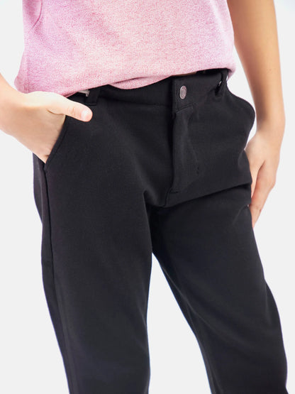 Black pants close-up: buttoned front, belt loop, and slanted side pockets