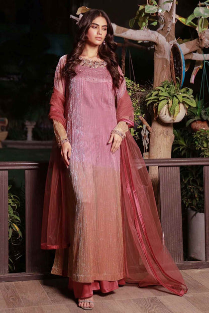 Velour rose pink long dress with matching dupatta draped over shoulder