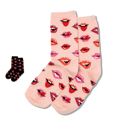 Two-pack lip print crew socks, blush pink and black with red lips