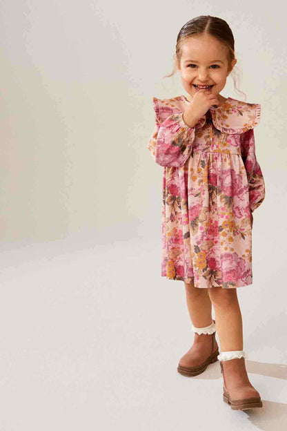 Girls pink floral ruffle-sleeve dress with gathered waist and button front