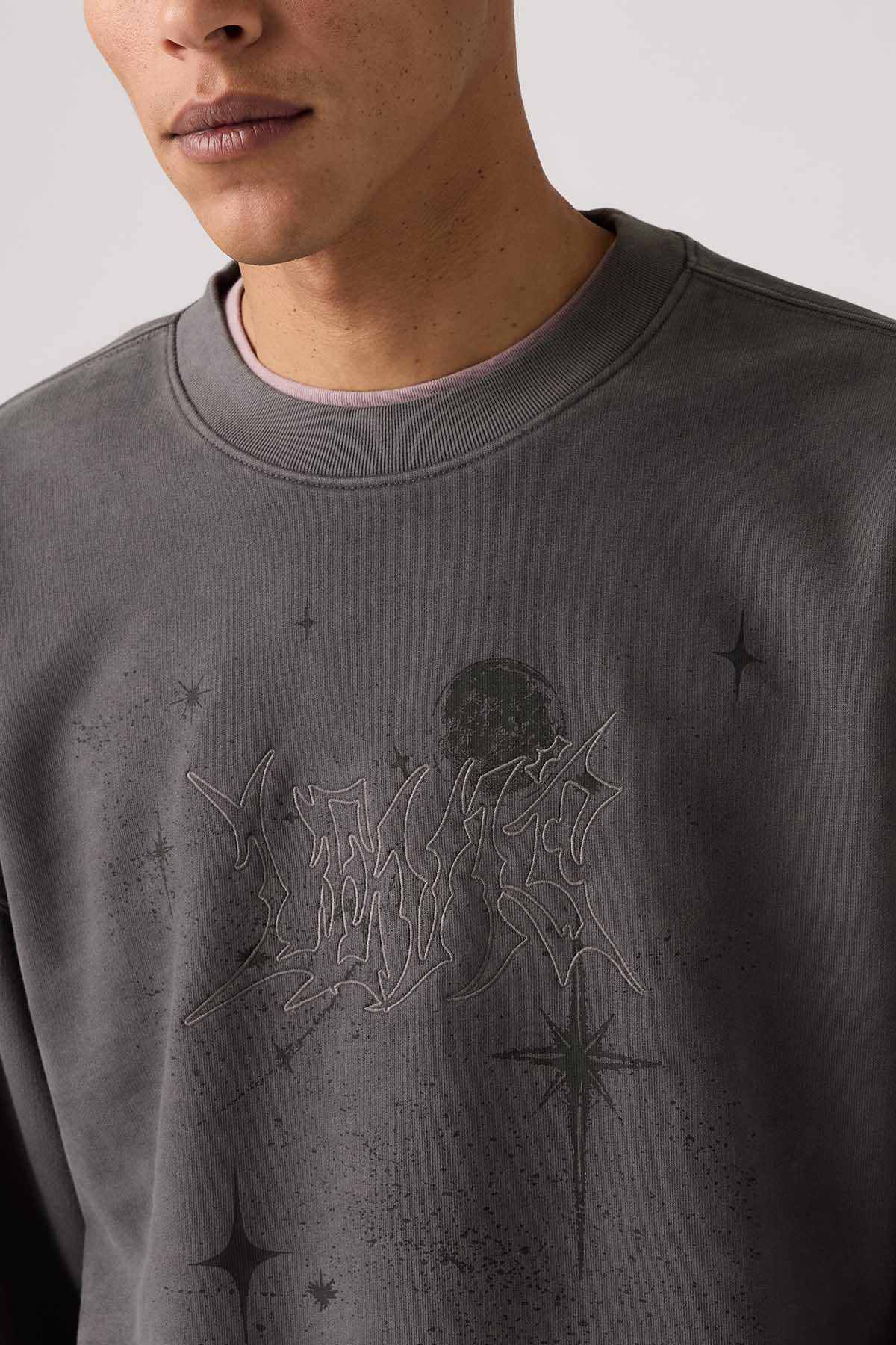 Levi's grey crewneck sweatshirt close-up of dark star and text graphic