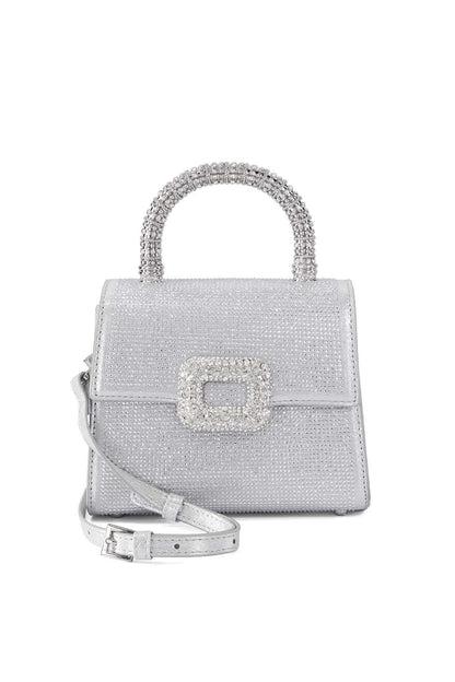 Dune London silver mini handbag with top handles, crystal buckle and flap