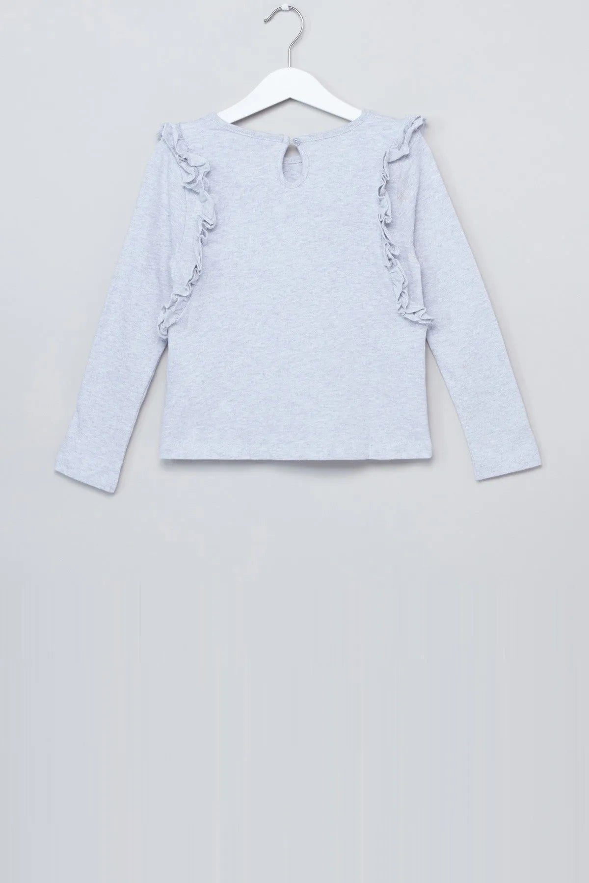 Light blue baby long-sleeve top with ruffle trim and small keyhole neckline
