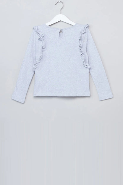 Light blue baby long-sleeve top with ruffle trim and small keyhole neckline