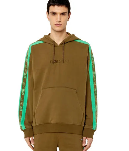 Men's olive-brown pullover hoodie with adjustable hood and green sleeve stripe tape