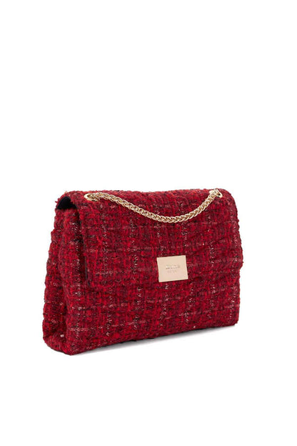 Red tweed shoulder bag with gold chain strap, side view