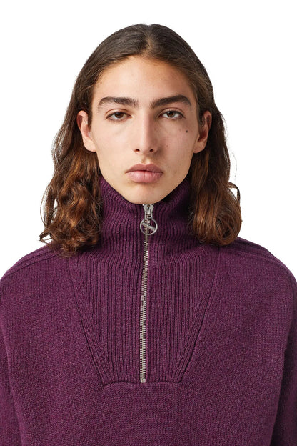 Diesel violet knit half-zip sweater close-up: stand collar and zipper hardware