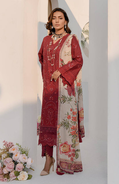 Maroon kurta set with cream floral dupatta and embroidered neckline, standing