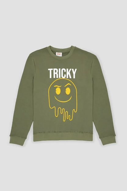 Deep lichen long-sleeve T-shirt with 'TRICKY' face and dripping outline