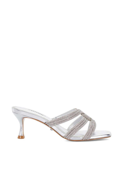 Silver heeled slide mule sandal with rhinestone straps and slim heel