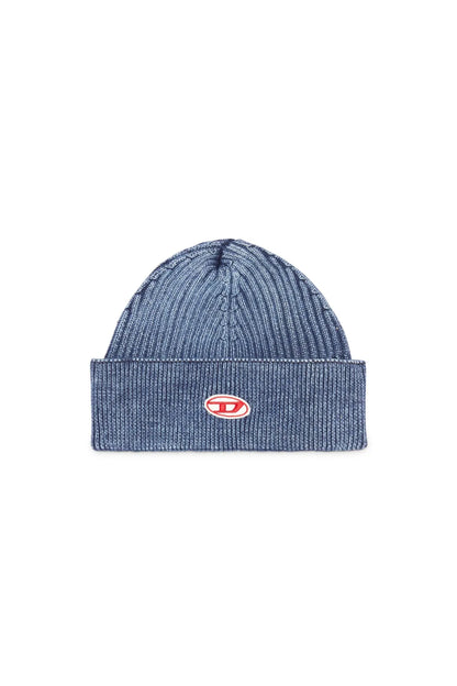 Diesel blue denim knit beanie, ribbed cuff, oval logo patch