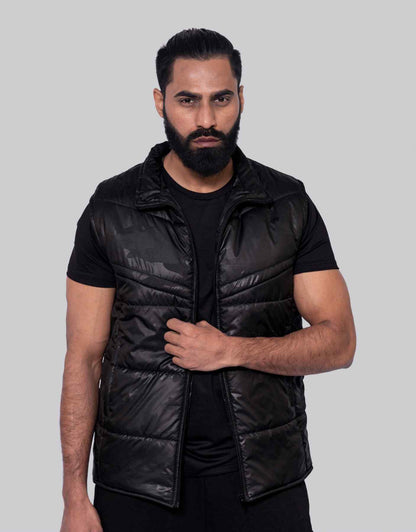 Bodybrics camo black hooded puffer vest with full front zip and side pockets