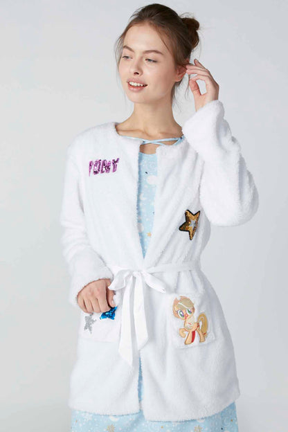 White plush bathrobe with tie belt and embroidered character patches