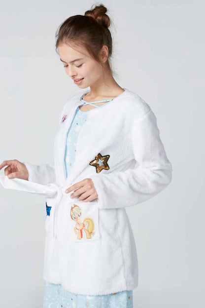 White plush bathrobe, open front with tie belt and star-and-character patch