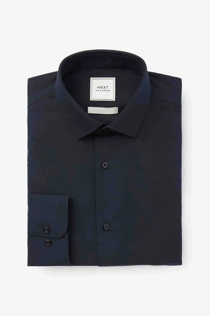 Folded navy dress shirt with pointed collar and NEXT label.