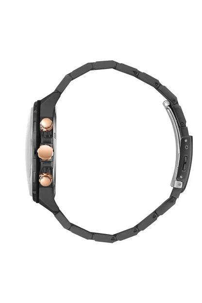 Black sport watch case and black link band, side buttons with rose-gold accents
