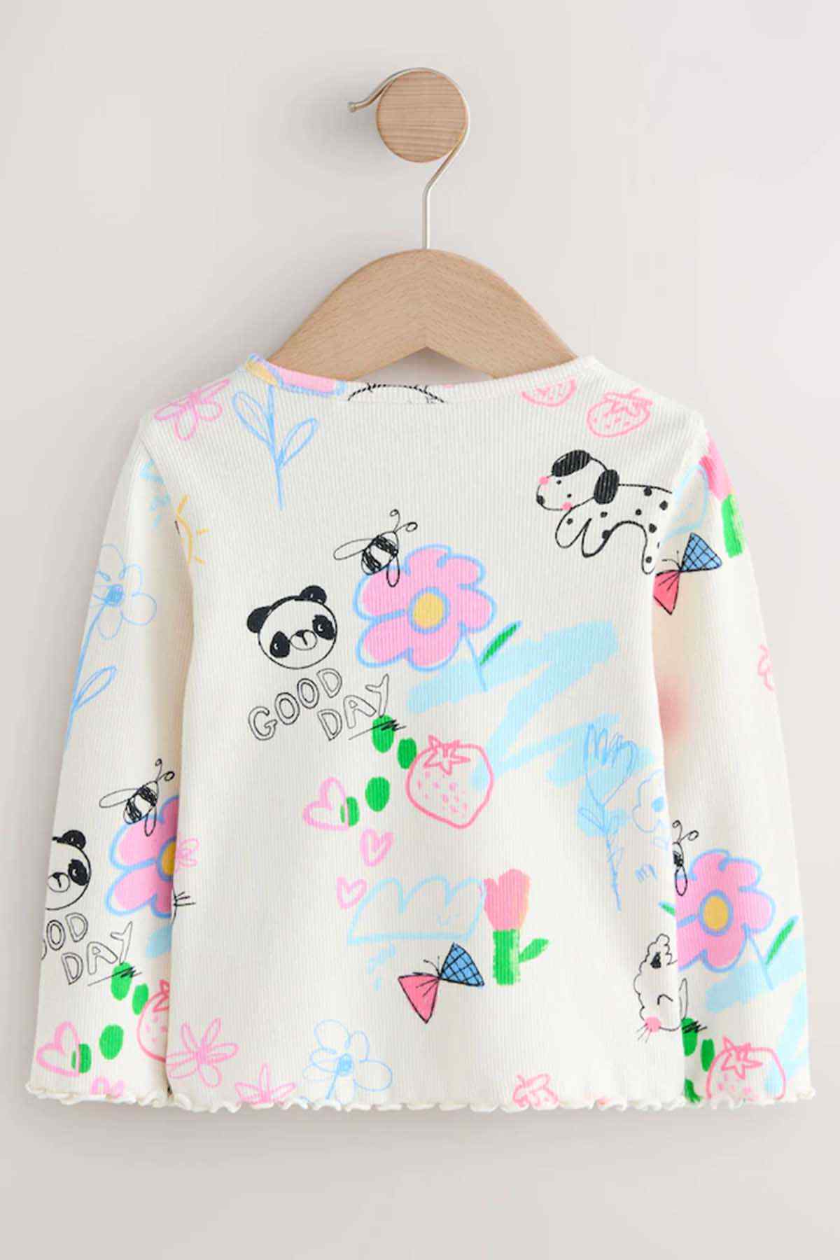 Kids ecru long-sleeve top with back panda and rainbow flower prints