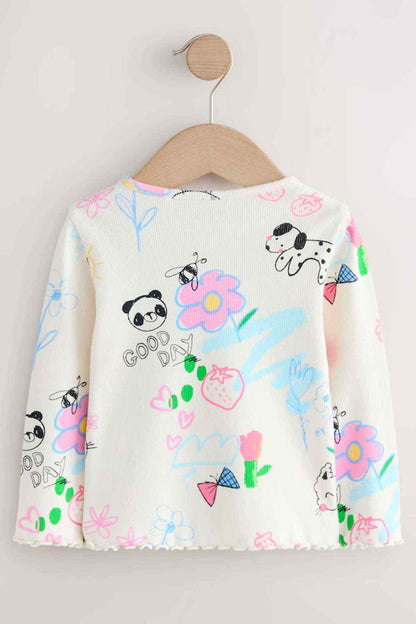 Kids ecru long-sleeve top with back panda and rainbow flower prints