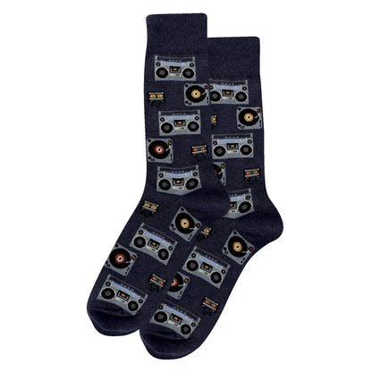 FUNKY DUNKY crew socks in dark navy with cassette and boombox pattern