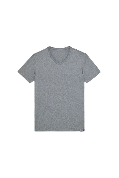 Grey V-neck T-shirt with short sleeves and small chest logo