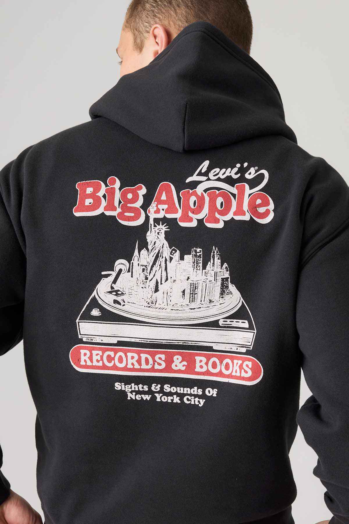 Black Levi's hoodie back graphic with Big Apple and Records & Books
