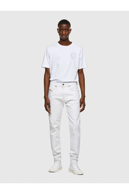 Diesel white jeans on model, straight leg, full-body view