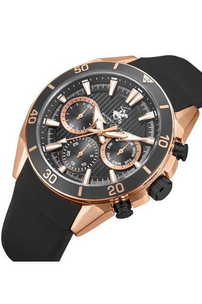 BHPC black silicone watch with rose-gold bezel, black dial, and side pushers