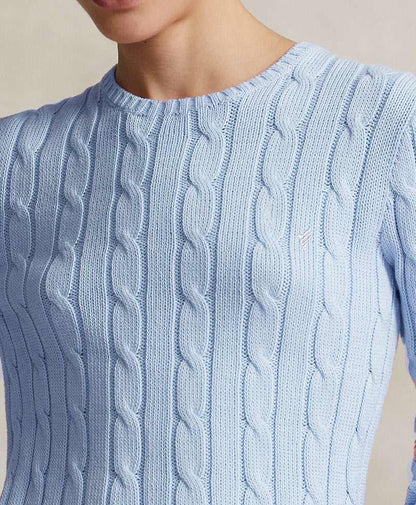 Sky blue fitted cable-knit sweater knit pattern, crew neck, long sleeves