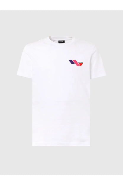 Diesel white crew-neck T-shirt with multicolor chest logo, short sleeves