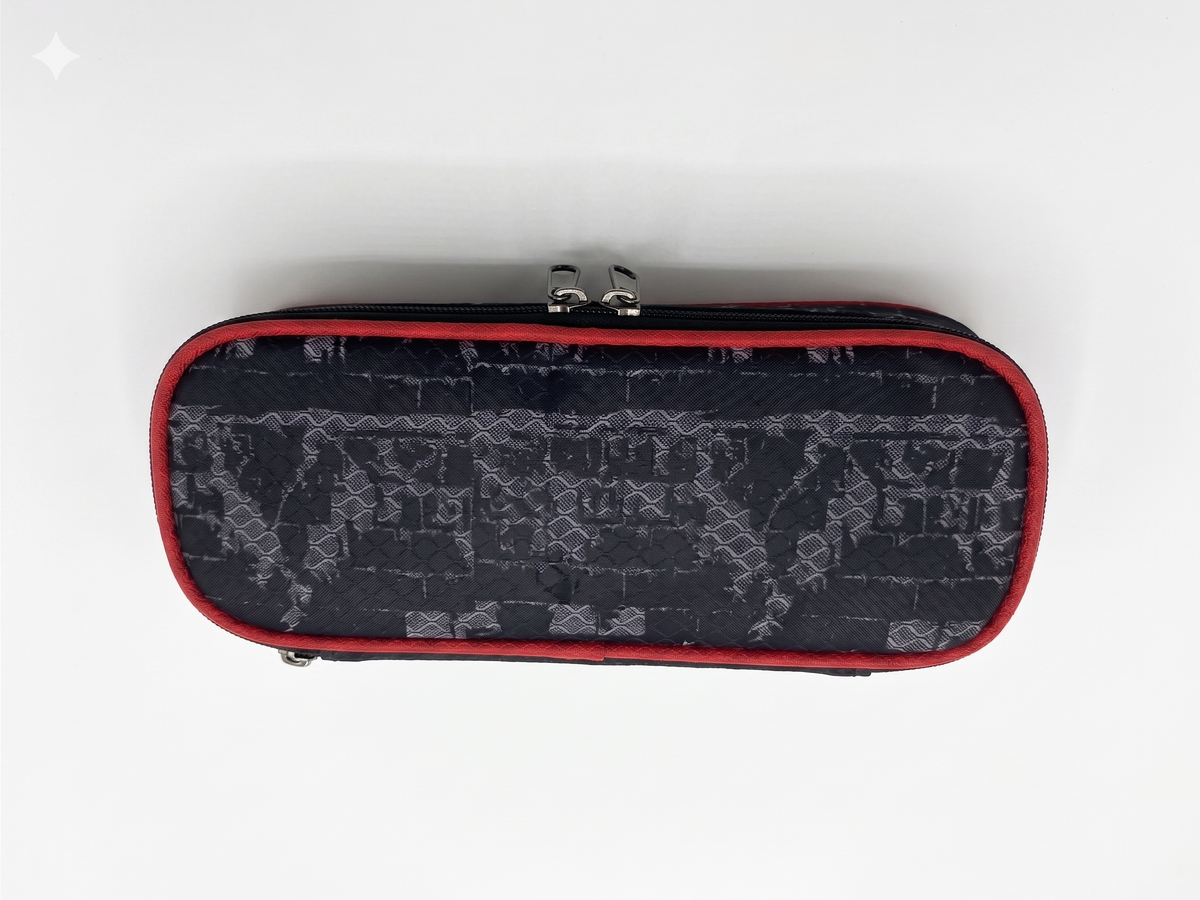 Monster Truck pencil case back view with patterned fabric and two top metal clips