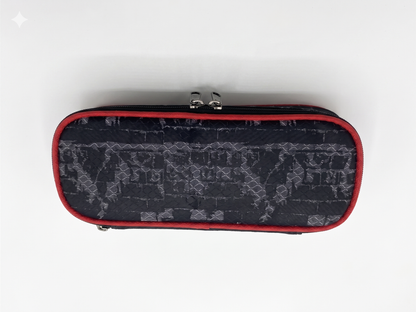 Monster Truck pencil case back view with patterned fabric and two top metal clips