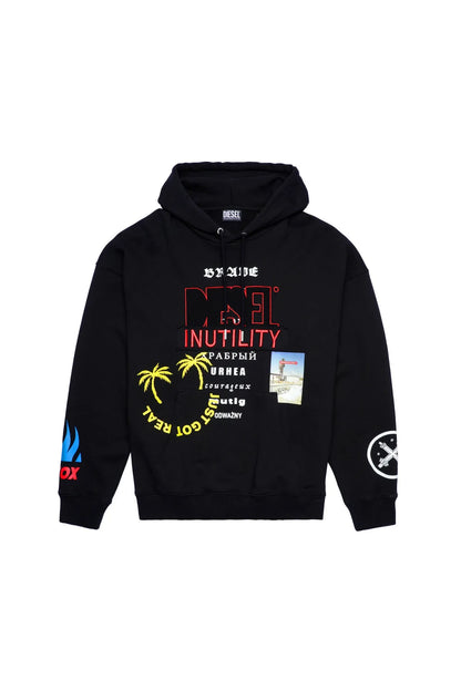 Black Diesel hoodie flat lay with hood and centered front graphic print