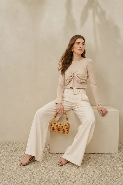 Beige ruched draped cropped top and high-waist wide-leg pants set