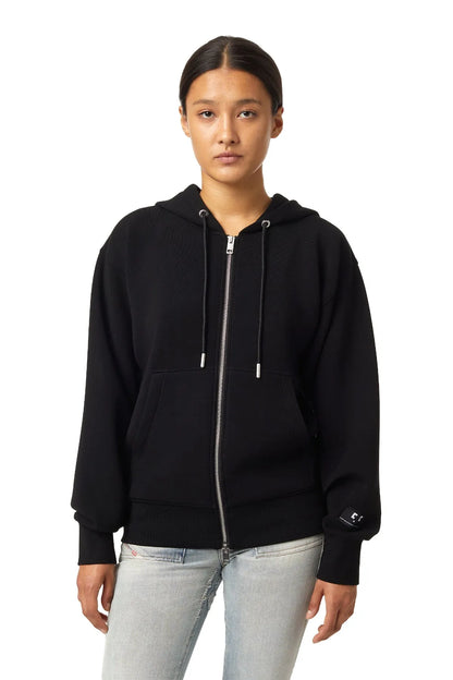 Black zip-up hoodie with drawstring hood and front zipper, ribbed cuffs