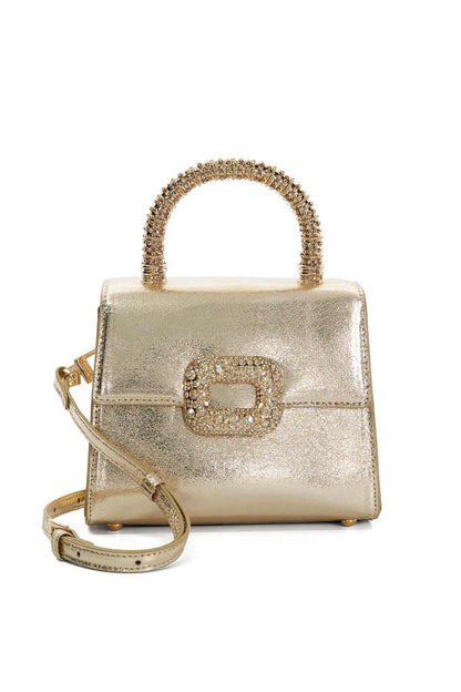 Gold mini handbag with beaded top handle and rhinestone front clasp, with crossbody strap
