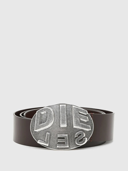 Diesel brown leather belt with large silver logo buckle