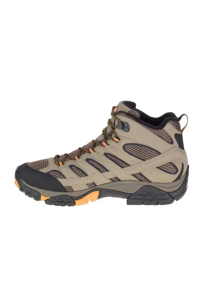 Merrell walnut hiking boot side view, lace-up, padded collar, orange outsole accents