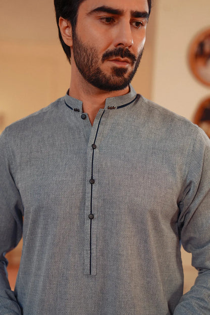 Men's blue-gray yarn-dyed kurta neckline close-up, stand collar and center buttons