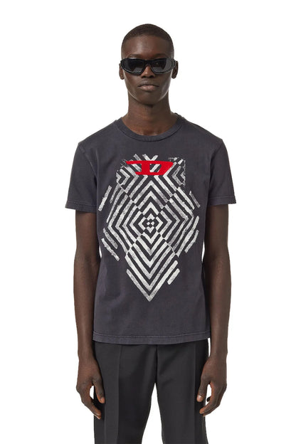 Black crew-neck T-shirt with geometric logo print on chest