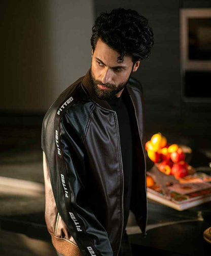 Dark bomber jacket with stand collar, full zipper front, stripe tape sleeve detail