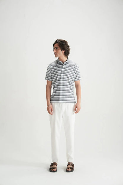 Mens striped polo shirt with short sleeves and collared neckline, back view
