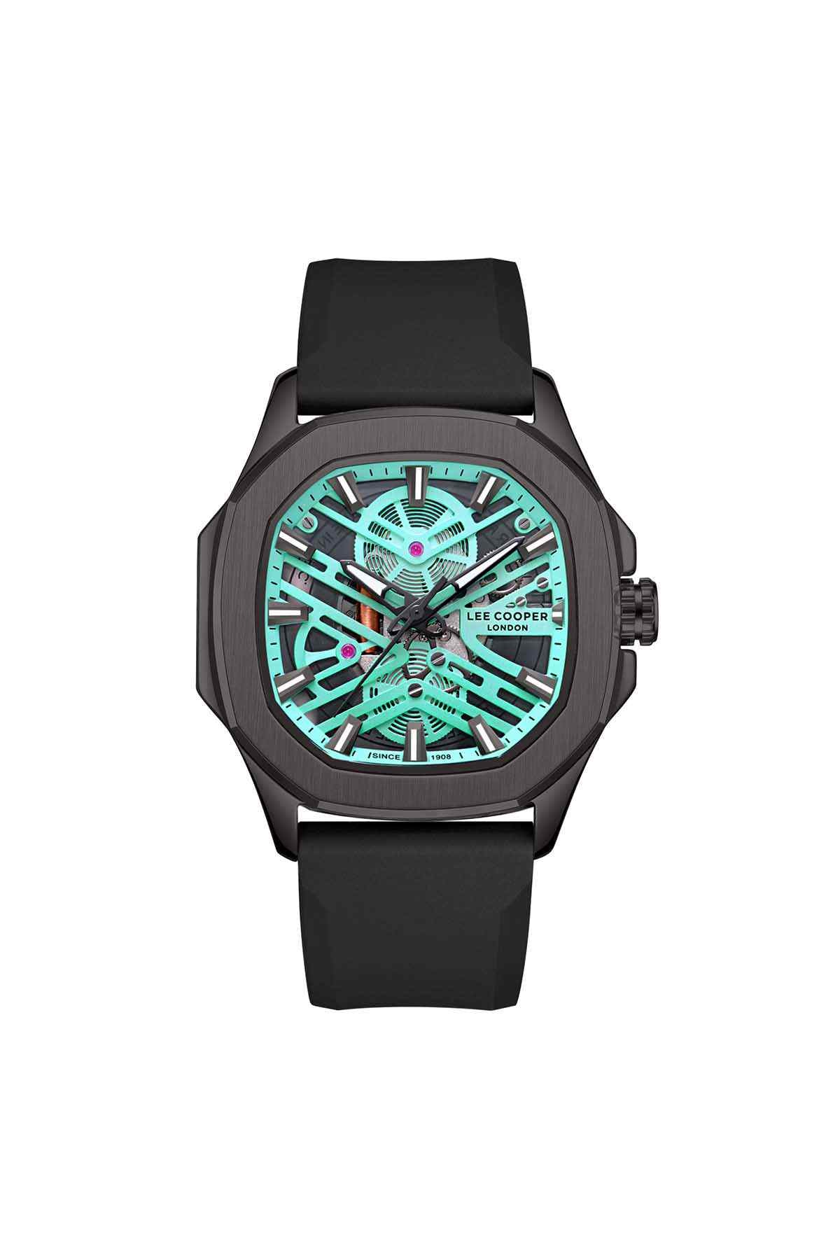 Lee Cooper black silicone watch, round bezel, turquoise dial