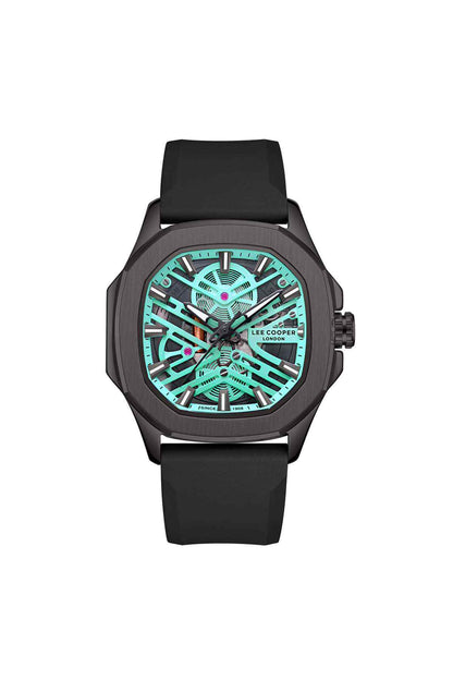 Lee Cooper black silicone watch, round bezel, turquoise dial