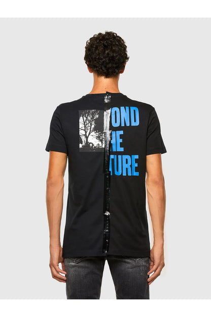 Black zip-front T-shirt back view with blue text and tree photo graphic