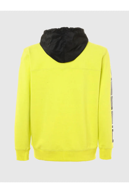 Diesel yellow zip-up hoodie, black hood and back view with kangaroo pockets
